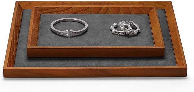 Oirlv Solid Wood Small Jewelry Tray Trade Showcase Countertop Jewelry Display Trays Rectangle Vanity Tray(Grey, Small)