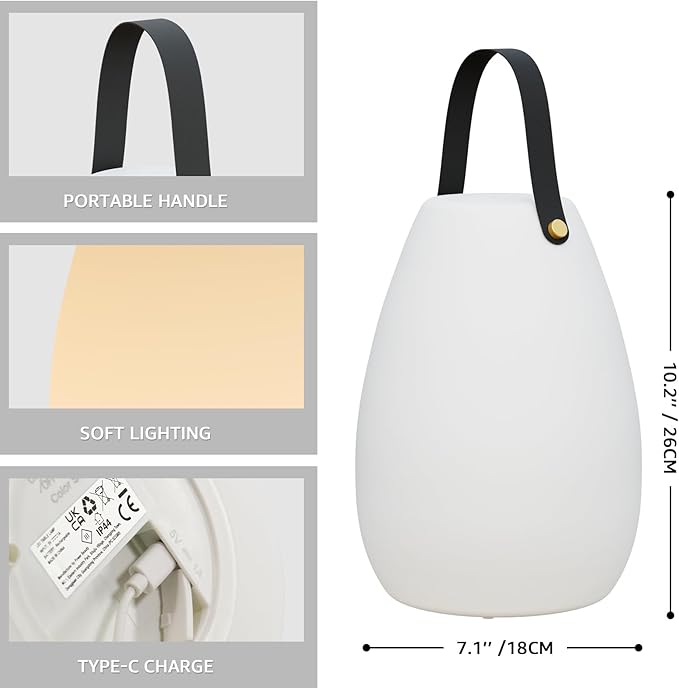 uuffoo Portable Outdoor Table Lamp - Dimmable Rechargeable Night Lights w/Remote and 7 RGB Colors, IP44 Water-Resistant Hanging Lantern for Patio, Tent, Bedroom, Garden, Emergency