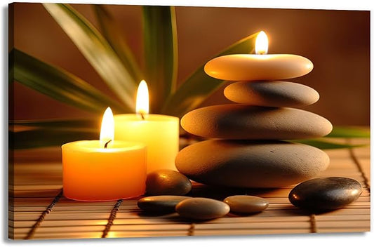 Zen Canvas Wall Art Candles Stones Pictures Print Spa Serene Still Life Painting Meditation Framed Artwork for Spa Yoga Room Bathroom Decor(Artwork-1,12"x18")