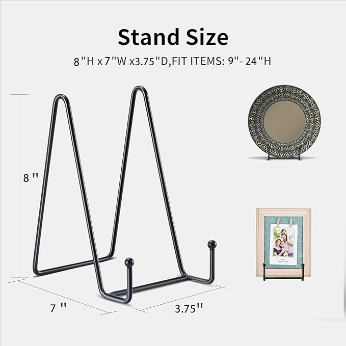 Kruodop 3 Pack 8 Inch Plate Stands for Display, Plate Holder Display Stand, Picture Frame Stand Black Metal Frame Holder Stands for Book,Small Easel,Decorative Plate,Photo and Platter,Tabletop Art
