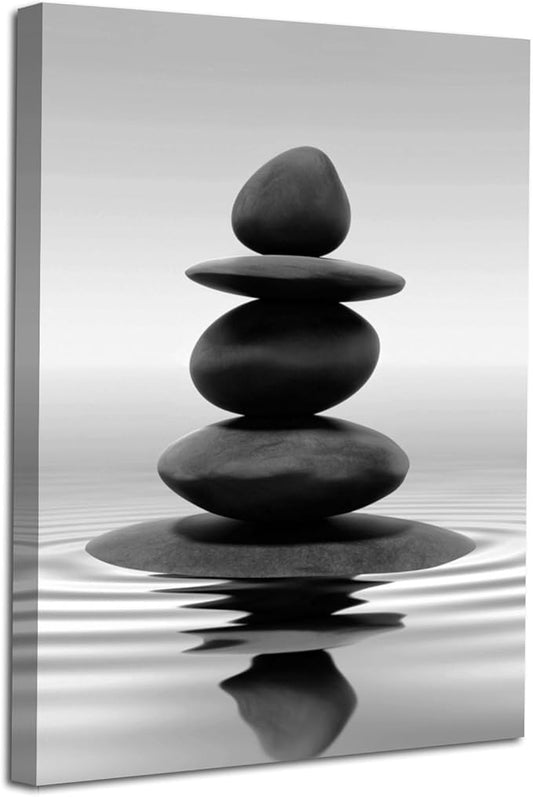 LZIMU Black and White Zen Wall Art Stones in Water Pictures Print on Canvas for Bathroom Yoga Meditation Spa Room Living Room Bedroom Wall Decorations Framed (Zen-1, 16"x24" (40x60cm))