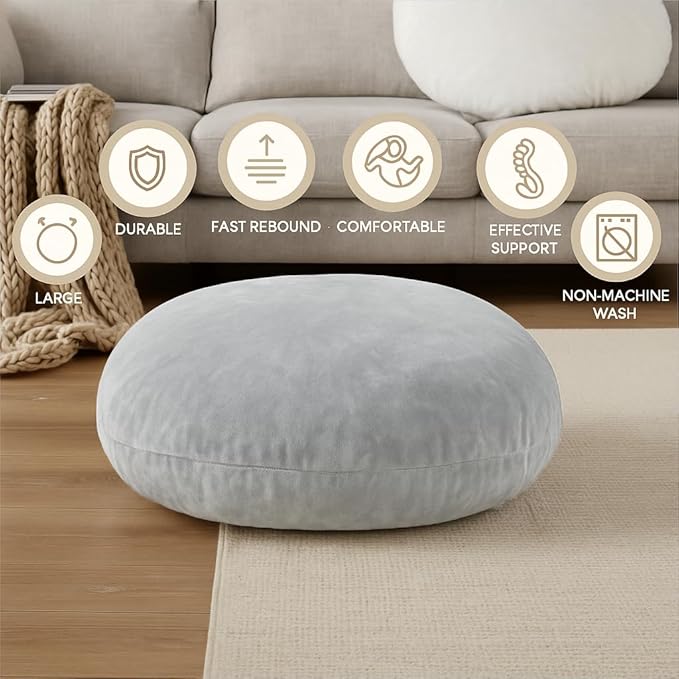 Codi Meditation Cushions Set of 2 – Large Round Floor Pillows for Adults with Removable Washable Cover, Soft and Supportive Floor Cushion for Yoga, Seating and Dog Bed, 32 inch - Grey