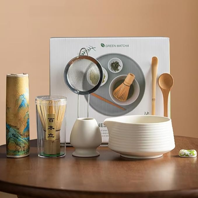 Ceramic Matcha Whisk Set, Complete Matcha Set-8PCS for Ceremonial Grade Matcha, Tea Gifts for Tea Lovers for Christmas, Birthday, Halloween (Pure White)