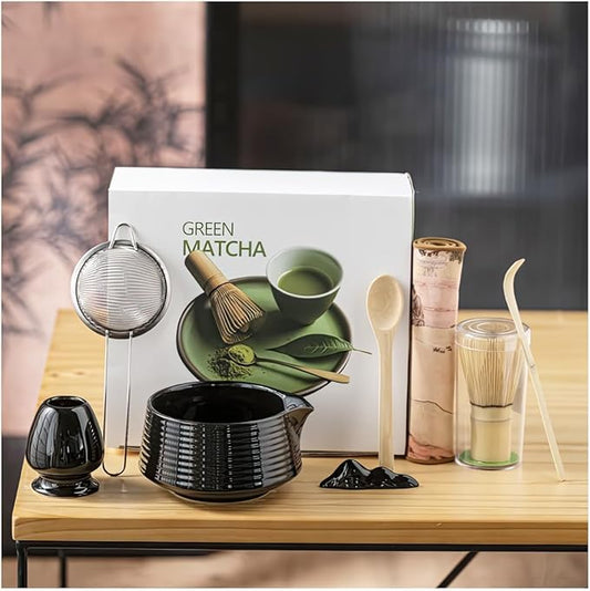 8 Pcs Matcha Whisk Set, Ceramic Matcha Whisk Holder, Ceramic Bowl with Spout, Matcha Ceremony Accessory, Home Kitchen Decor Tea Gifts for Birthdays, Halloween and Christmas (Black)