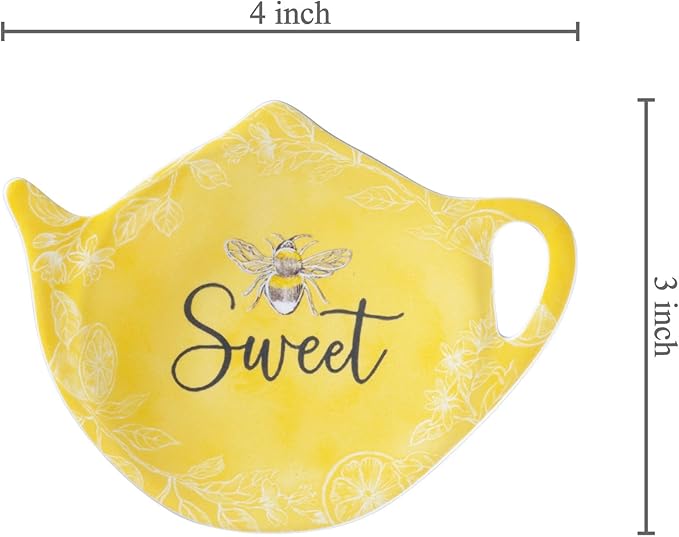 Supreme Housewares Sweet Bee Tea Bag Holders, Teapot Shaped Tea Bag Coasters Spoon Rests Saucer Seasoning Dish Set, Yellow, 4 x 3 Inch, Set of 4