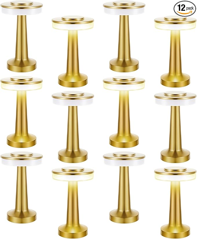 VIHOSE 12 Pcs Gold Cordless Table Lamps LED Portable Rechargeable Table Lamp with Touch Sensor 3 Color Dimming up to 15 Hours Battery Desk Light for Restaurant Nursery Living Room