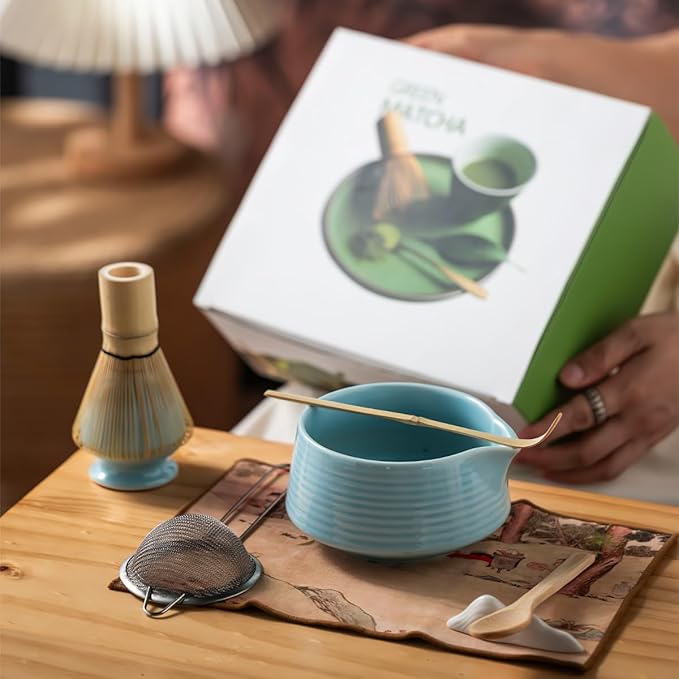 8 Pcs Matcha Whisk Set, Ceramic Matcha Whisk Holder, Ceramic Bowl with Spout, Matcha Ceremony Accessory, Home Kitchen Decor Tea Gifts for Birthdays, Halloween and Christmas (Blue)