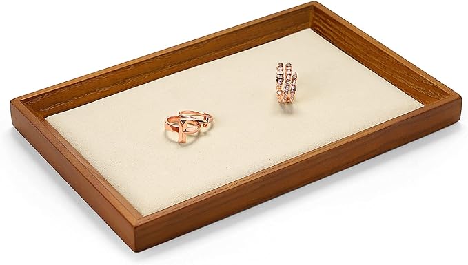 Oirlv Solid Wood Small Jewelry Tray Trade Showcase Countertop Jewelry Display Trays Rectangle Vanity Plate(Creamy-White, Small)