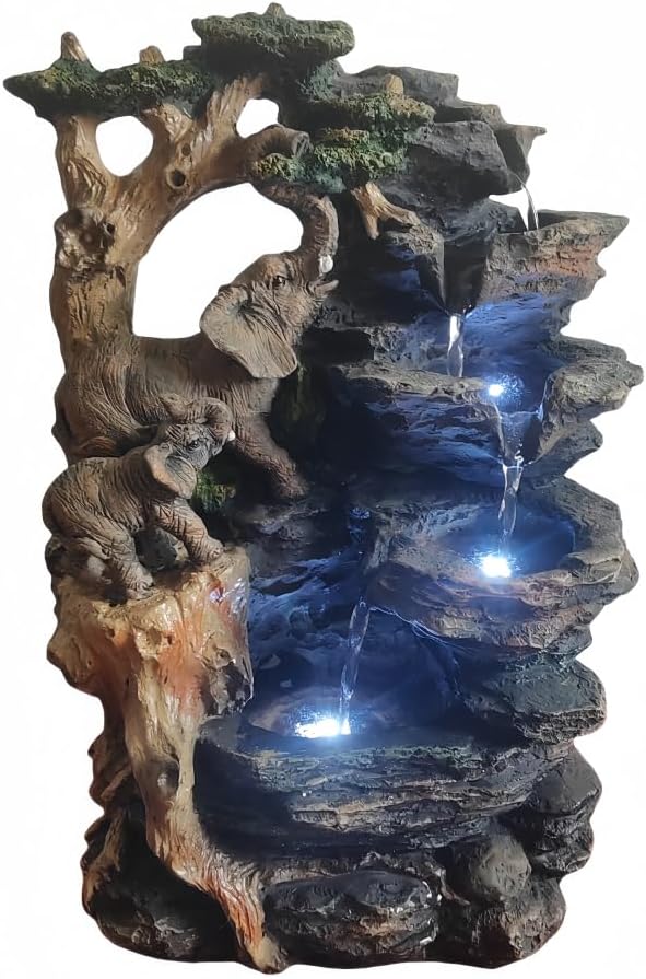 Water Fountain Indoor, Desktop Fountain Waterfall,Elephant Sculpture Layered LED Lighting. Indoor Office and Home Decorations Suitable for Creating a Peaceful Atmosphere.