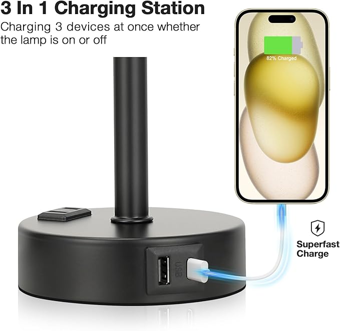 Fenmzee Grey Touch Bedside Lamp for Bedroom - 3 Way Dimmable Table Lamp USB C Charging Ports and AC Outlet, Small Desk Lamp for Living Room, Office, LED Bulb Included