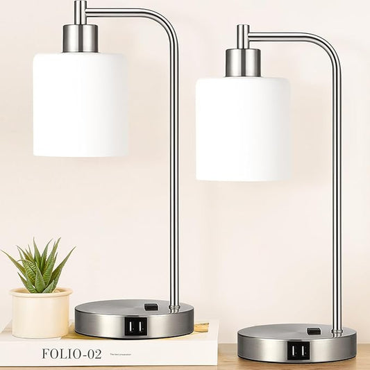 Set of 2 Industrial Touch Control Table Lamps with 2 USB Ports and AC Outlet - 3-Way Dimmable Nickel Bedside Lamp Nightstand Desk Lamps for Bedroom Living Room, Opal Glass Shade & 2 LED Bulbs Included