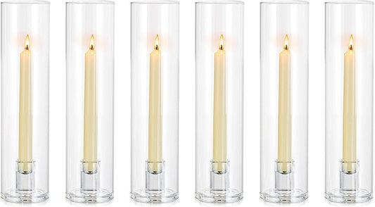 NUPTIO Candle Stick Candle Holder: Clear Glass Hurricane Candlestick Holders - Set of 6 Modern Taper Candle Stand with 11.8 inch Long Chimney Cover for Thanksgiving Christmas Fireplace Table Decor