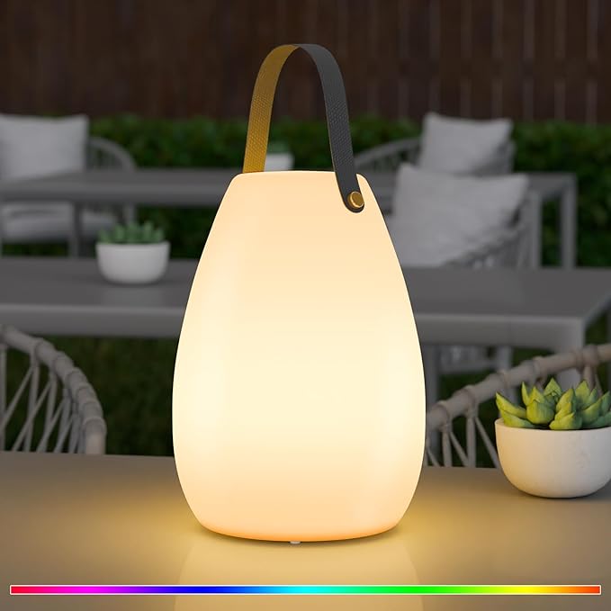 uuffoo Portable Outdoor Table Lamp - Dimmable Rechargeable Night Lights w/Remote and 7 RGB Colors, IP44 Water-Resistant Hanging Lantern for Patio, Tent, Bedroom, Garden, Emergency