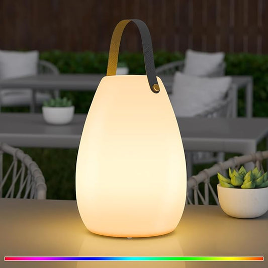 uuffoo Portable Outdoor Table Lamp - Dimmable Rechargeable Night Lights w/Remote and 7 RGB Colors, IP44 Water-Resistant Hanging Lantern for Patio, Tent, Bedroom, Garden, Emergency