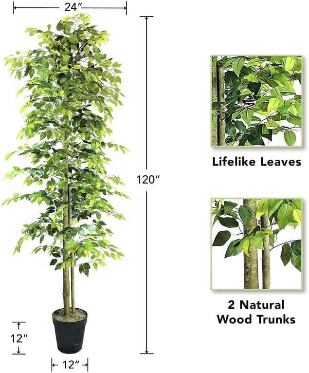 Artificial Ficus Tree in Black Plastic Pot - Real Wood Trunk, Preassembled, No Maintenance Indoor Faux Plant - Living Room, Home & Office Decor (10ft Tall)