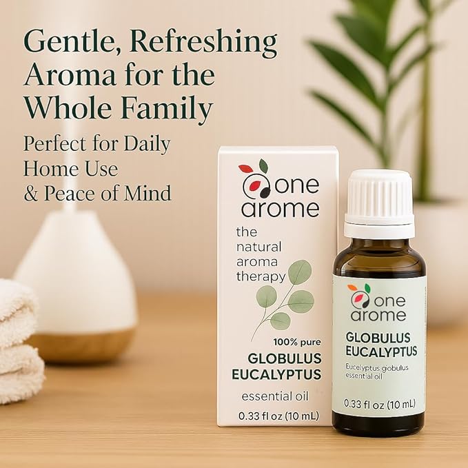 Eucalyptus Globulus Essential Oil by One Arome | Crisp Herbal Scent for Diffusers, Massage (Dilute), Cleaning & Linen Refresh | Pure, Undiluted, Steam-Distilled (0.34 Fl Oz)