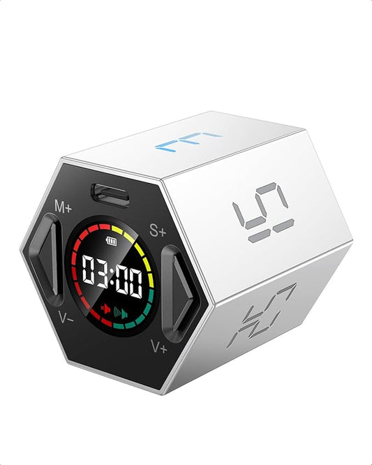 Ticktime Pomodoro Timer Cube, Hexagon Productivity Timer, Pause & Resume, Silent & Adjustable Sound Alert, for ADHD, Task, Work, Study, 3/5/10/15/25/30min & Custom Countdown - Gray