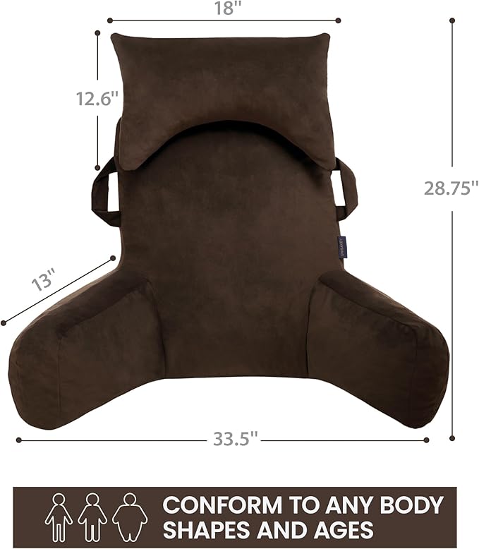 Portable Reading Pillows with Headrest for Bed Sitting Up(Brown Oeko-Tex), Velvet Back Pillow with Arms & Pockets for Adults, Support Memory Foam Bed Pillow for Dorm/Reading/Watching/Gaming