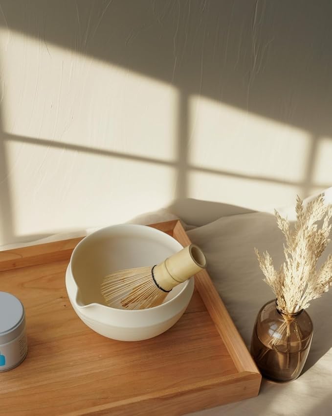 Matcha Set, 5 Pcs Matcha Whisk Set – Elegant Rounded Design Bowl with Folded Rim, Matte Buttercream Glaze, Comfortable to Use, Gift Box Included