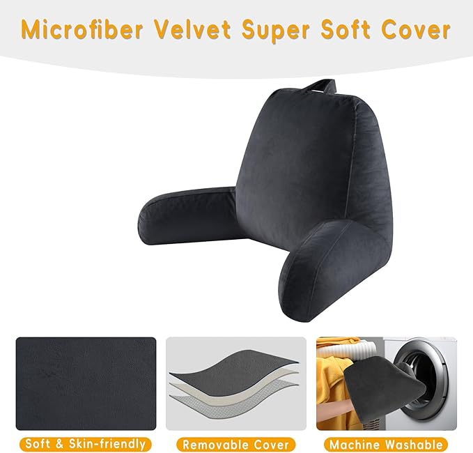 Reading Pillow for Sitting in Bed Adult, Reading Pillow with Shredded Memory Foam, Back Pillow for Bed Sitting Up with Extend Arms, Pockets, Pillow with Washable Cover,Black, X-Large