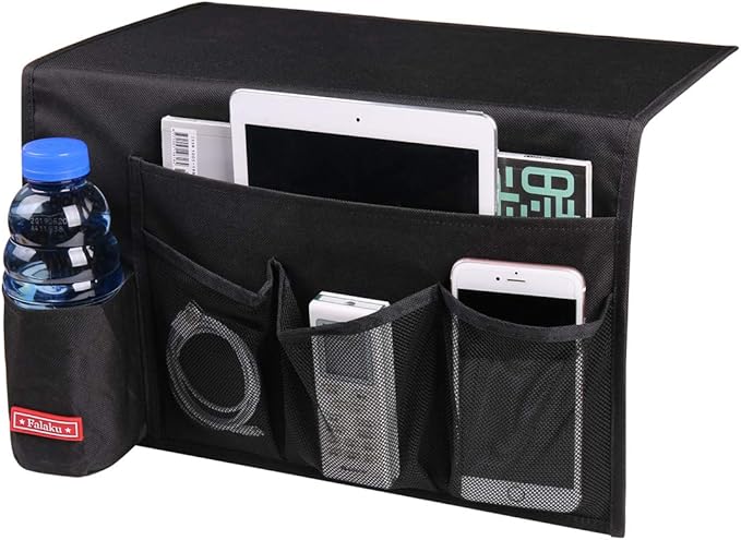 Bedside Caddy,5 Pockets Bedside Organizer Caddy Under Mattress,Holds Water Bottles,Magazines,Books (Black)