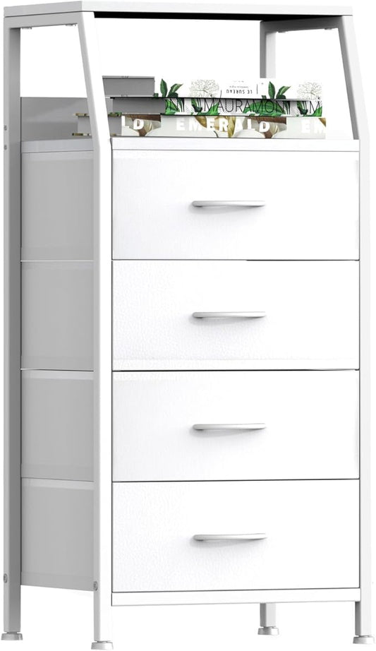 Dresser with 4 Drawers, Fabric Storage Tower for Bedroom, White Clothes Storage Drawers, Vertical Closet Organizer for Kids Room, Entryway, Nightstand Bedside Table, Sturdy Steel Frame & Wooden Top