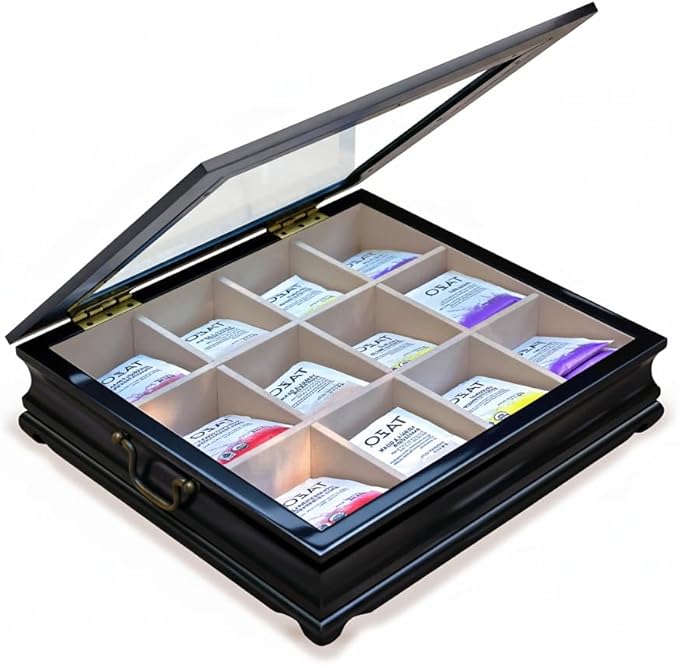 Tea Chest 12 Compartments Tea Bag Large Storage Box with Beveled Glass Lid