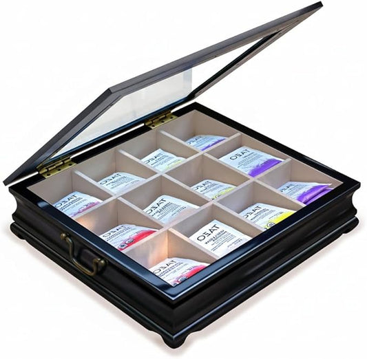Tea Chest 12 Compartments Tea Bag Large Storage Box with Beveled Glass Lid