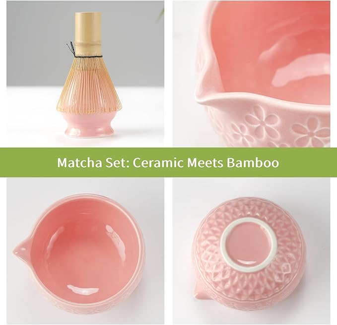 Matcha Whisk Set Matcha Kit: Ceramic Matcha Bowl, Matcha Whisk Holder, Bamboo Whisk(Chasen), Bamboo Scoop, 4Pcs Matcha Tea Set for Matcha Lover, Family Christmas Birthday Gift (Pink)