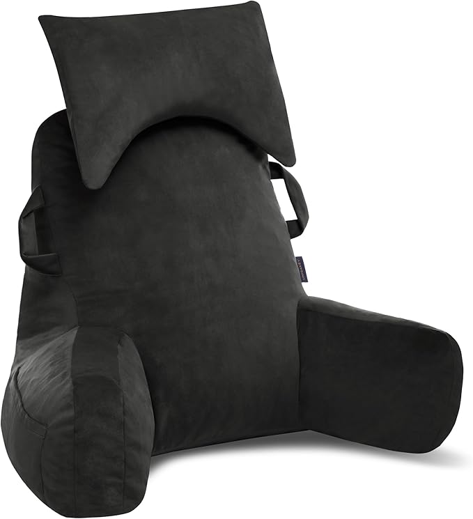 Portable Reading Pillows with Headrest for Bed Sitting Up(Grey Oeko-Tex), Velvet Back Pillow with Arms & Pockets for Adults, Support Memory Foam Bed Pillow for Dorm/Reading/Watching/Gaming