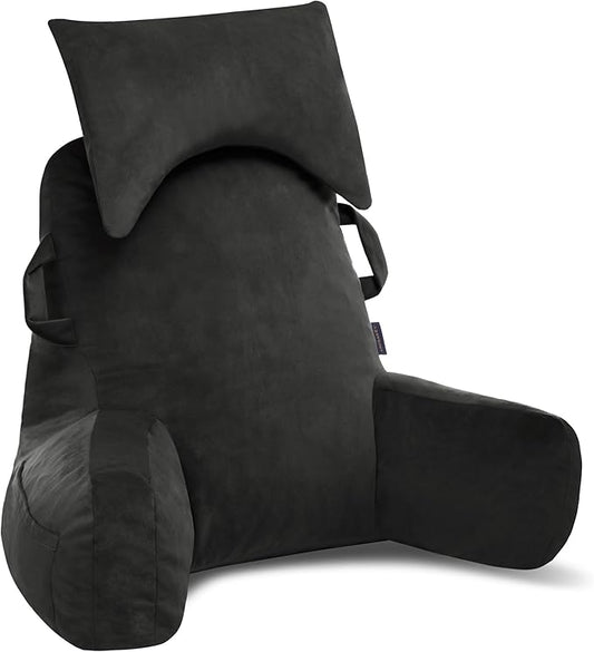 Portable Reading Pillows with Headrest for Bed Sitting Up(Grey Oeko-Tex), Velvet Back Pillow with Arms & Pockets for Adults, Support Memory Foam Bed Pillow for Dorm/Reading/Watching/Gaming