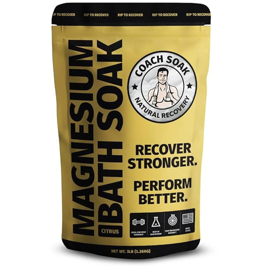 Coach Soak Recovery Bath Soak - Alternative to Epsom Salt Bath Soak - Fast-Absorbing Pure Magnesium Flakes & Dead Sea Salt with 21 Minerals, Bath Salts & Essential Oils - 3 lb, Energizing Citrus