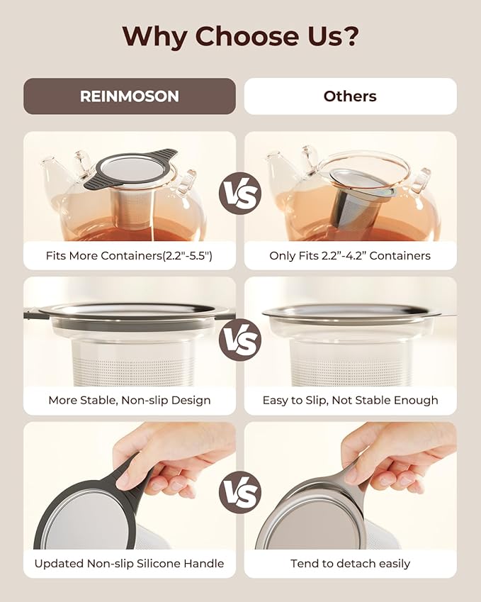 Reinmoson Large Tea Strainers & Filters for Loose Tea Single Cup, 304 Stainless Steel and Food Grade Silicone Extra Fine Mesh Tea Infusers for Loose Tea