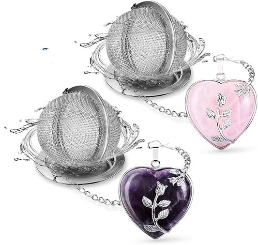 2pcs Tea Infuser Tea Strainers for Loose Tea Amethyst & Rose Quartz Crystal Heart Pendant Infinity Love Heart Couple Handmade Gemstone Tea Ball Set Gifts for Women Gifts for Mom