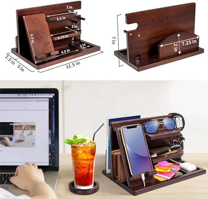 Wood Phone Docking Station - Gifts for Men Desk or Nightstand Organizer - Birthday Gifts for Husband, Fathers Day for Dad - Anniversary Idea from Wife - Key Holder, Stand Wallet, Watch & Essentials