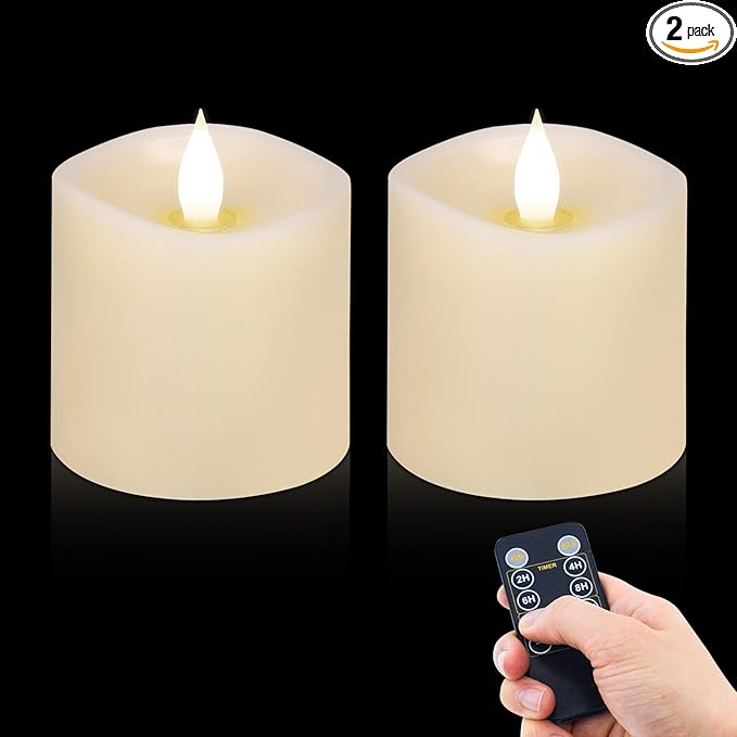 3x3 Flameless Candles Battery Operated with Remote Timer, Last 600 Hours Battery Candles Flickering, Ivory Real Wax Electric LED Candle for Wedding Party, Set of 2