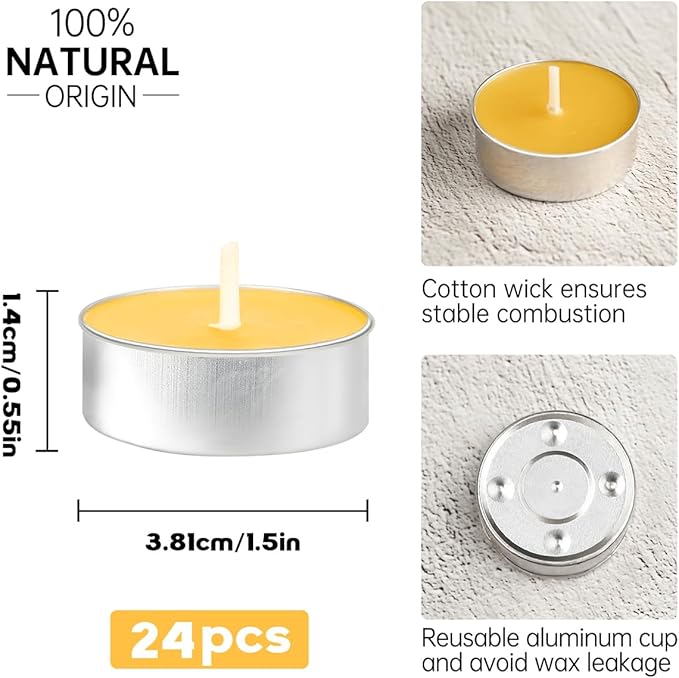 Beeswax Tea Candles in Cup, 24 Pcs, Natural Beeswax Tealight Candles with 4 Hours Burn Time for Home Decor, Air Purification, Honey Scent Pure Bees Wax Tea Light Candle