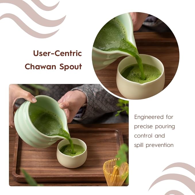 Matcha Whisk Set - Ceramic Bowl, Bamboo Whisk with Holder, Sifter, Schima Spoon, Spoon Rest and Tea Towel - 7 Pcs Complete Kit for Traditional Matcha and Modern Lattes (Green)