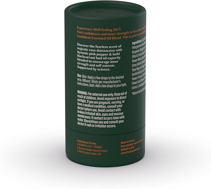 Livedrops 24/7 Confident Essential Oil Blend 10ml | Rose Damascena, Pink Pepper & Blackcurrant Bud Oil | Natural Vegan Aromatherapy | Skin & Diffuser Use | Crafted in France | Clinically Tested