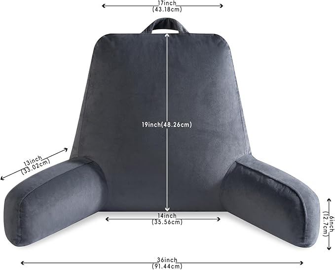 Reading Pillow for Sitting in Bed Adult, X-Large Reading Pillow with Shredded Memory Foam, Back Pillow for Sitting Up with Extend Arms, Pockets, Bed Pillow with Washable Cover, Grey