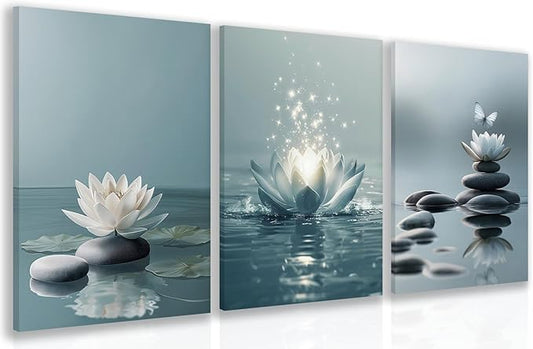 GELDSTEI Calm Zen Botanical Canvas Wall Art, White Lotus Blooming on Stones in Water Aesthetic Pictures, Yoga Spa Meditation Room Decor, Modern Spiritual Poster Prints for Zen Office Framed 16"x24"x3