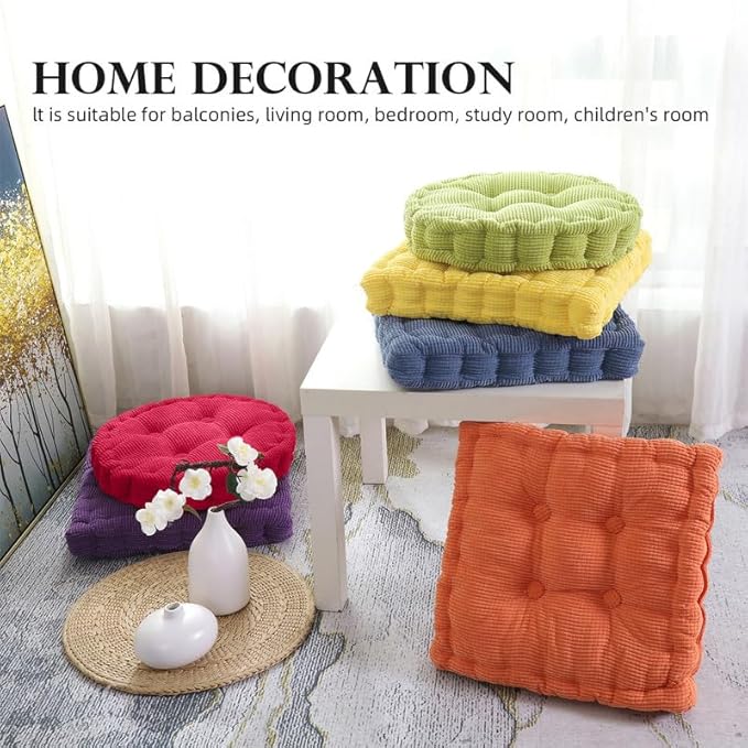 Meditation Floor Pillow Set of 2 Large Square and Round Floor Cushions for Adults White Corduroy Floor Seat Pillows Cushion for Living Room Balcony Tatami Yoga,18x18 Inch