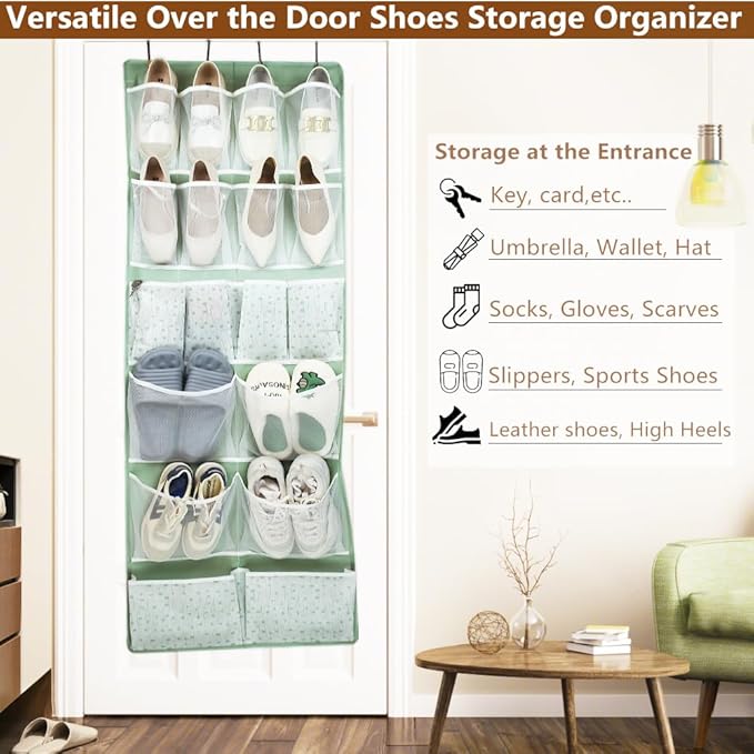 Over the Door Organizer with 4 Kinds of Pockets,Behind Door Shoes Rack,Back of Closet Storage Organization for Socks,Hat,Underwear,Luggage Packing,Hanging Holder Shelf in Home Dorm,Travel,Green