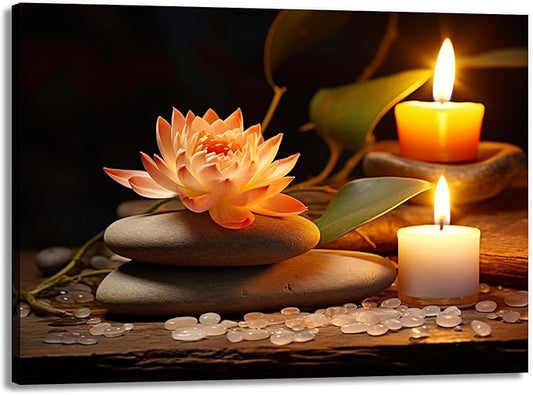 Zen Canvas Wall Art Lotus Flower Stone Painting Framed Spiritual Artwork Meditation Decor for Living Room Bedroom Ready To Hang(Artwork-2,16"x24")