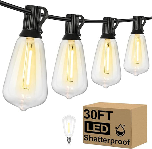 Brightever 30FT LED Outdoor String Light with 16 ST38 Vintage Edison Shatterproof Bulbs, Commercial Grade Patio Lights Connectable, Waterproof Hanging Lights for Balcony, Backyard, Warm White