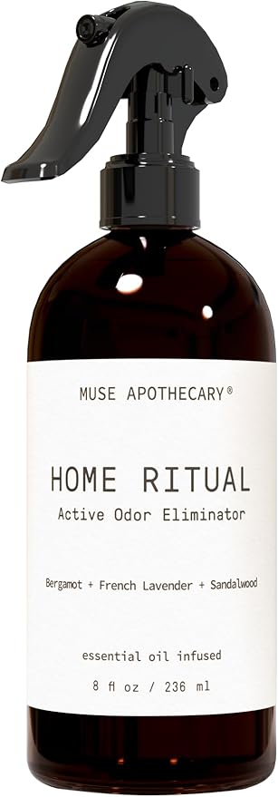 Muse Apothecary Home Ritual Active Odor Eliminator Spray - Furniture Deodorizer Spray & Bathroom Odor Eliminator for Home - Essential Oil Air Freshener - 8oz, Bergamot + French Lavender + Sandalwood
