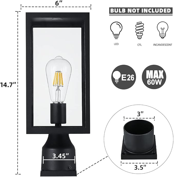 Large 15 inch Outdoor Post Light,Waterproof Cast Aluminium Lamp Post Light Fixture,Post Lantern with Pier Mount Base,Matte Black,Suitable for Garden,Yard,Driveway,etc