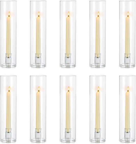 NUPTIO Taper Candle Holders Glass: Set of 10 Hurricane Candlestick Holder Bulk - Candle Stick Stand with Cylinder Sleeves for Thanksgiving Chrstmas Birthday Party Decor