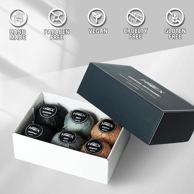 Charcoal Bath Bombs Gift Set – 6 Piece Natural Spa Fizzies with Essential Oils – Handmade Organic Moisturizing Vegan Bath Bombs for Relaxation, Detox, Stress Relief – Gifts for Men & Women