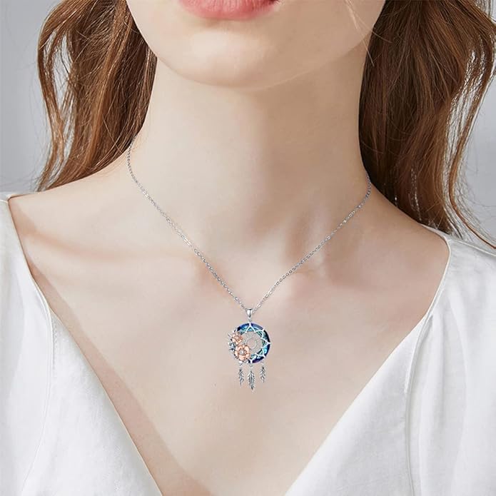 Dream Catcher Pendant Necklace 925 Sterling Silver Synthetic Moonstone Crystal Sunflower Rose Flower Evil Eye Dreamcatcher Cremation Jewelry Gifts for Women Wife Mom